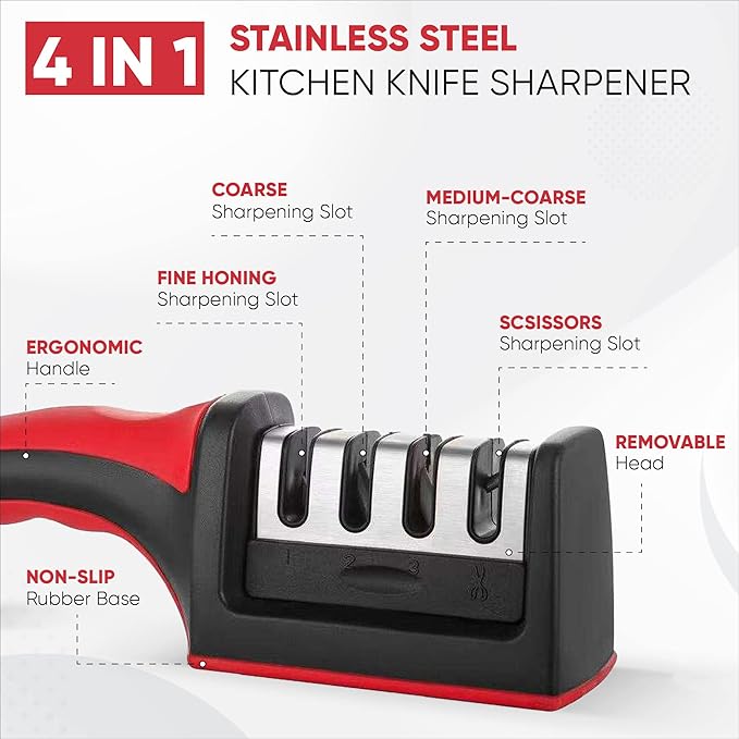 4 in 1 Knife Sharpener for Kitchen Knives with 4 Stage Slots